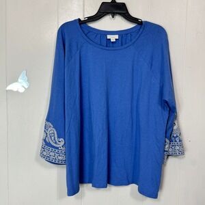 J Jill Blue Embroidered Sleeve Raglan Tunic Top Womens Size XL Cotton Blend